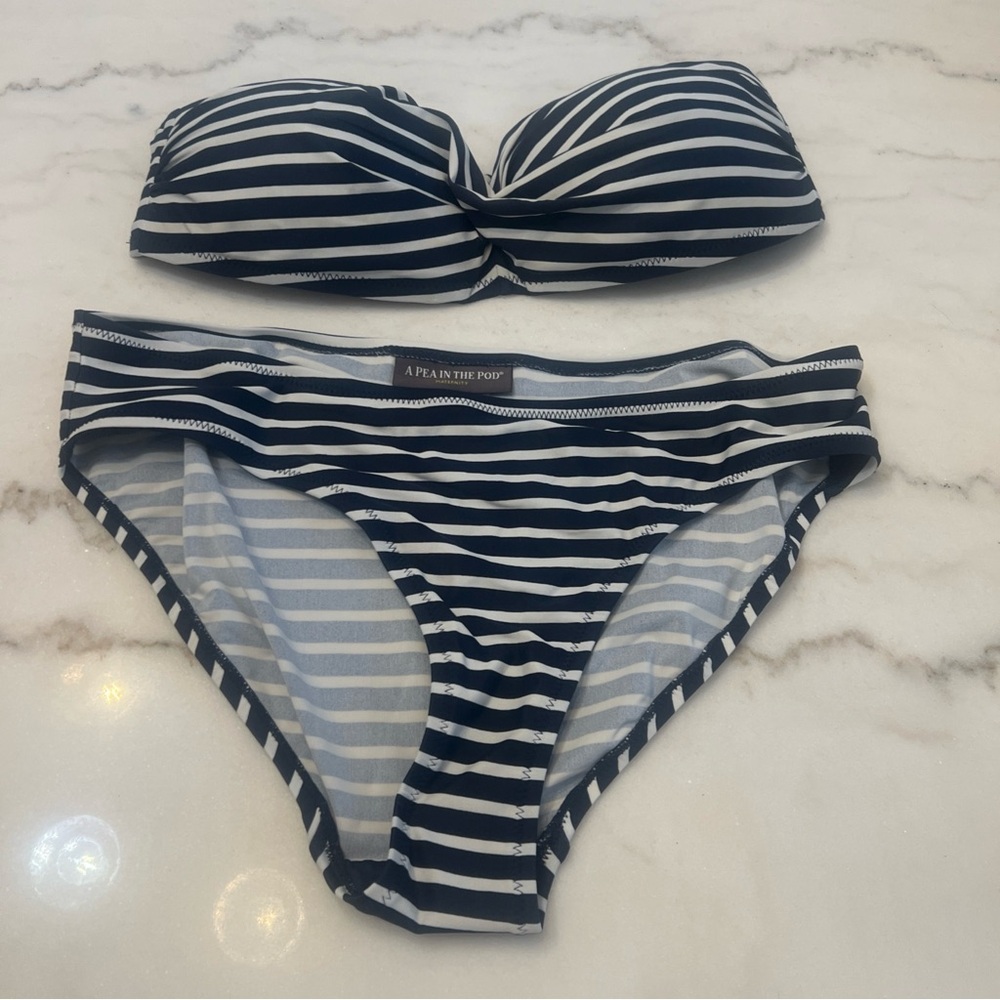 A Pea in the Pod Maternity Navy And White Striped Bikini Size Medium